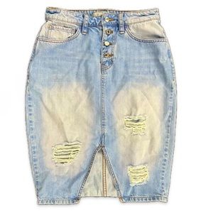 Guess Light Blue Distressed Denim Pencil Skirt with Front Slit